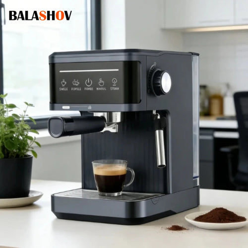 Balashov matte black espresso machine with digital touch control panel, steam wand, and portafilter on kitchen counter.