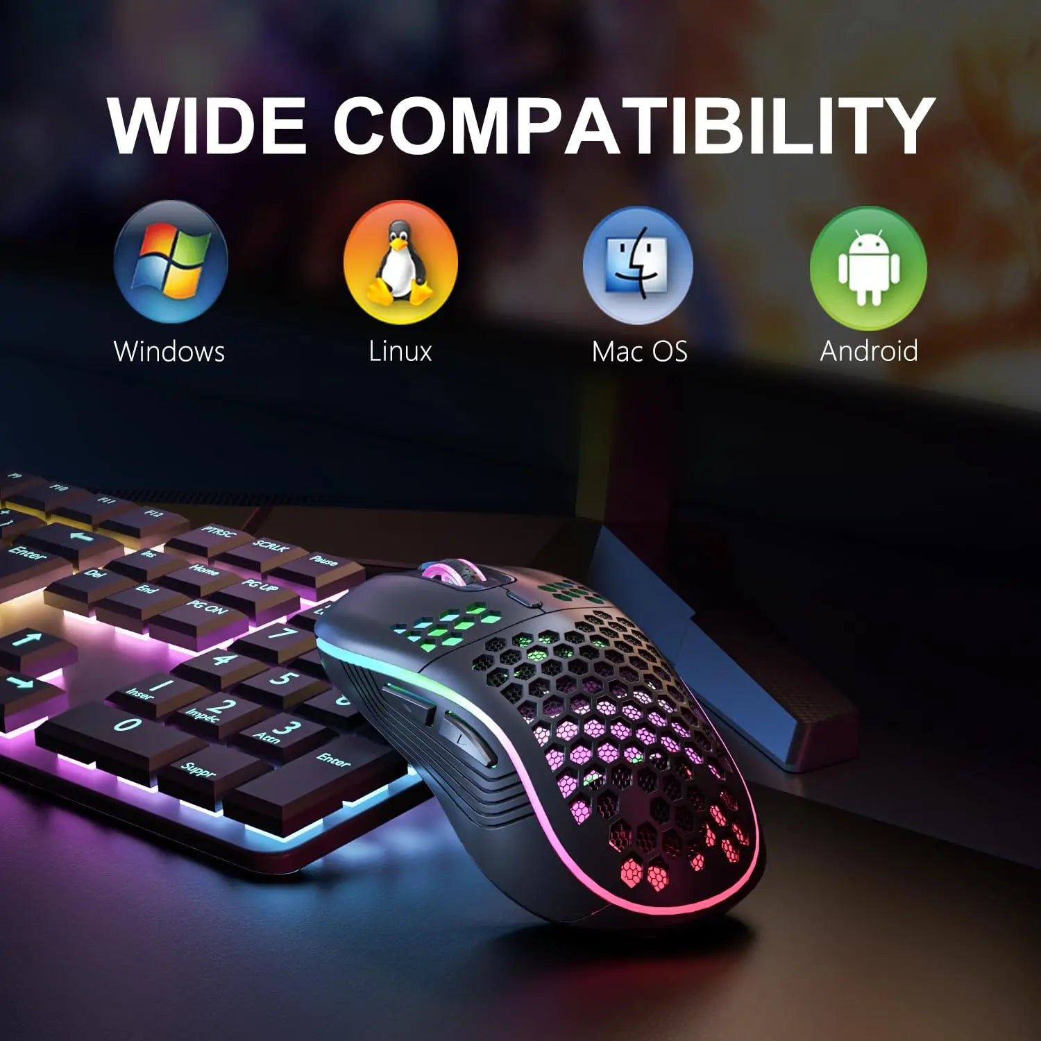 2.4G Wireless Mouse Lightweight Honeycomb Design Rechargeable RGB Backlight Mouse with USB Receiver Adjustable DPI