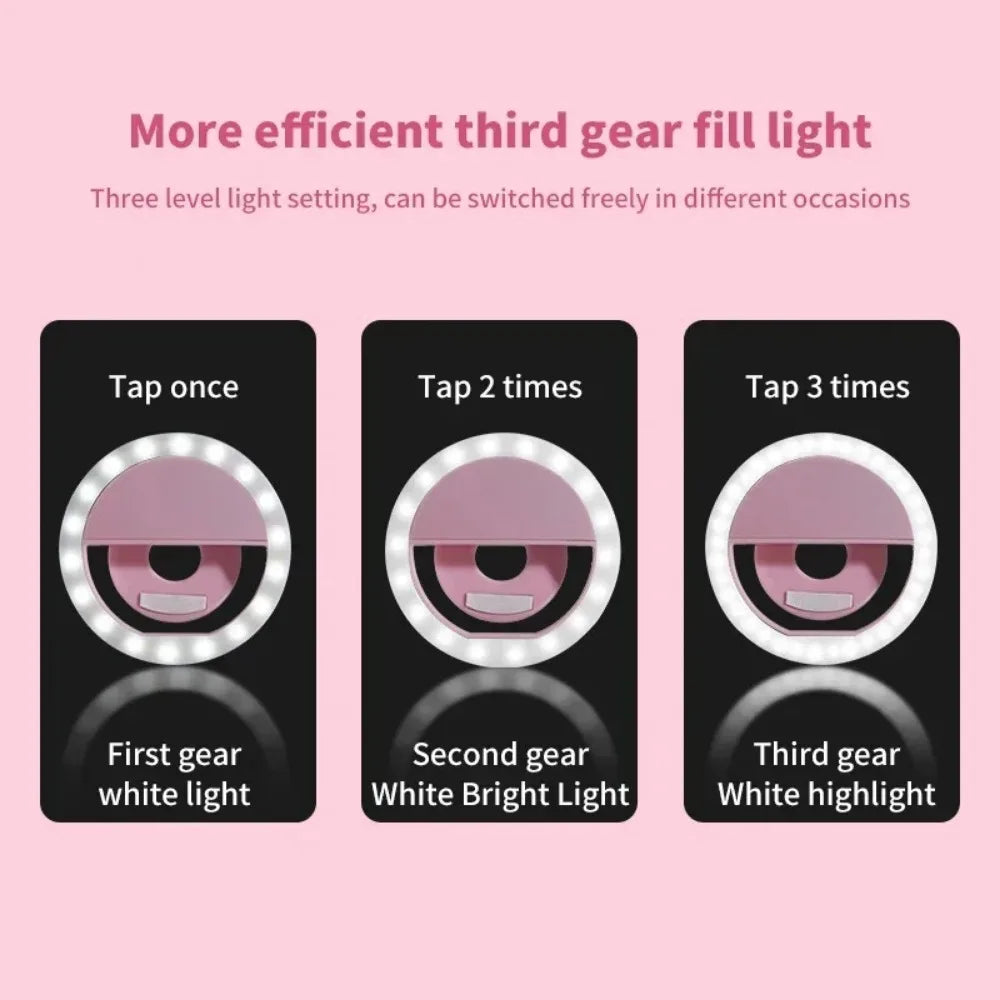 LED Selfie Ring Light, 3-Level Brightness, Portable USB Pink Tidesmit