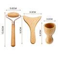 Three light-wood facial massage tools: a roller, a Y-shaped scraping tool, and a small suction cup, with measurements.