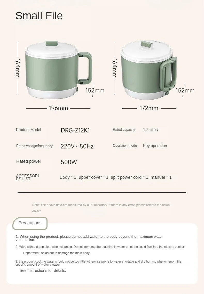 Light green electric hot pot with lid and side handle, shown with height and power specs