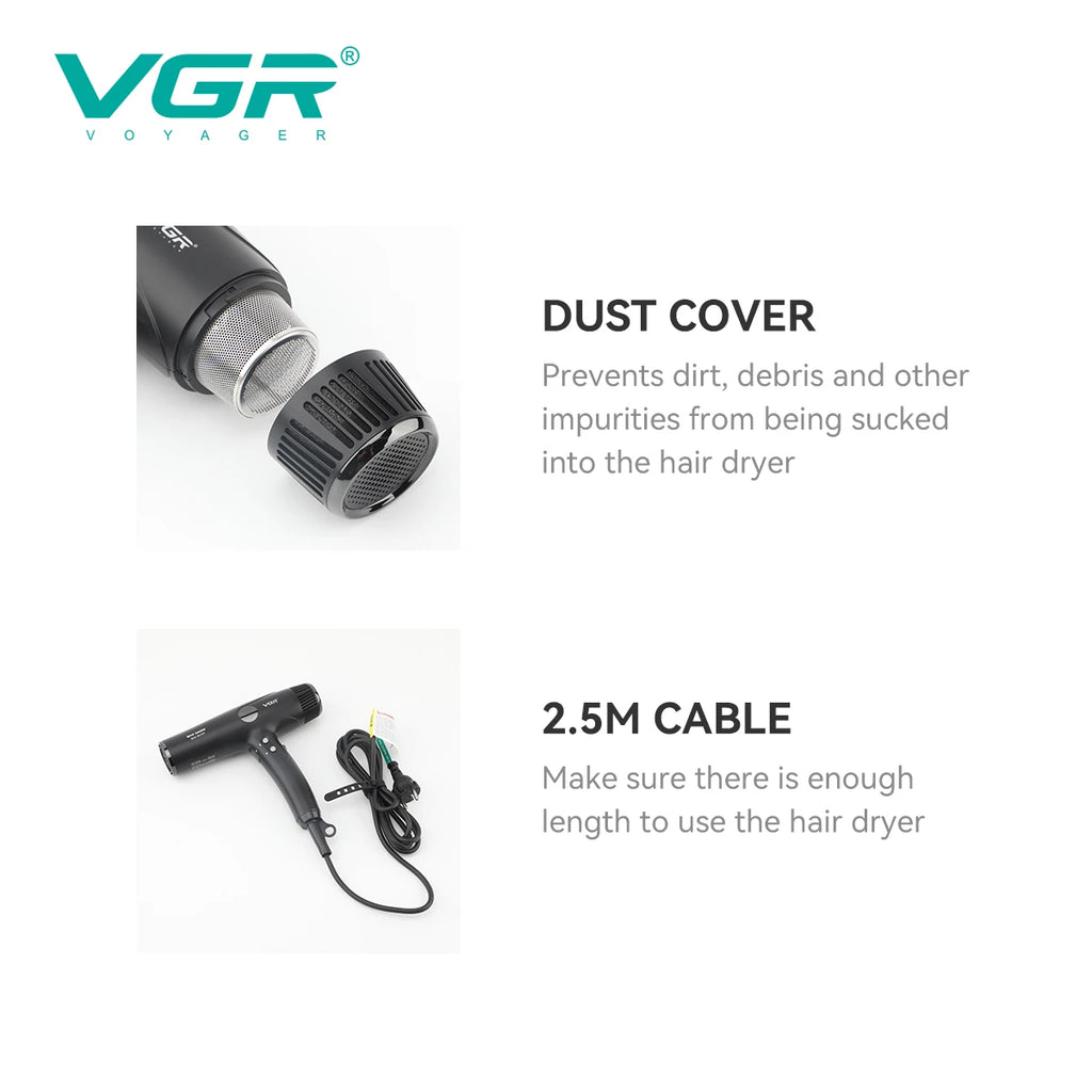 VGR V-469 professional black hair dryer with removable dust cover filter and long 2.5m power cable for salon use.