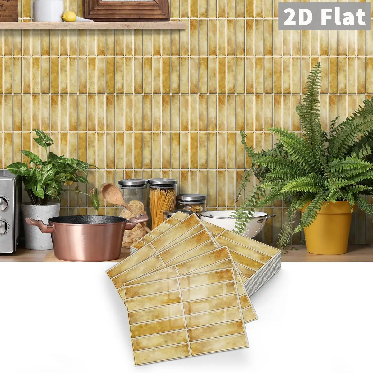 Self-adhesive gold/yellow tile decal stickers with rectangular grid, peel-and-stick sheets