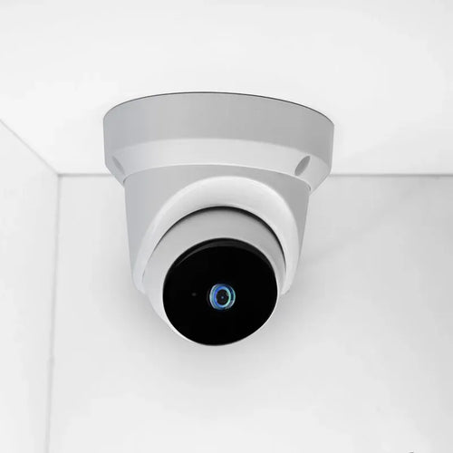 Indoor dome Wi‑Fi security camera, white ceiling-mount with black lens module