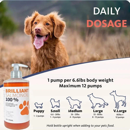 Salmon oil supplement bottle for dogs and cats, pump dispenser, orange liquid, front label