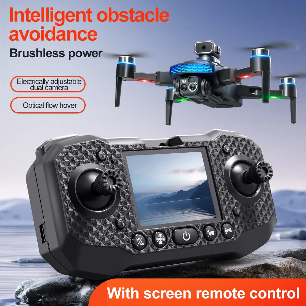Black quadcopter drone with blue lights and a textured remote controller with a built-in display screen for piloting.