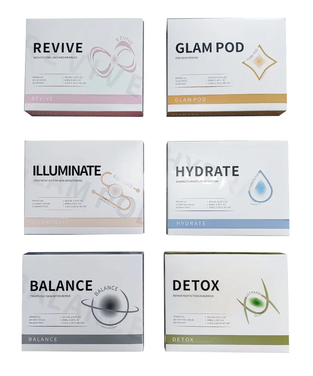 Six rectangular skincare treatment boxes for oxygen facial machines, featuring varied colors and branding labels.