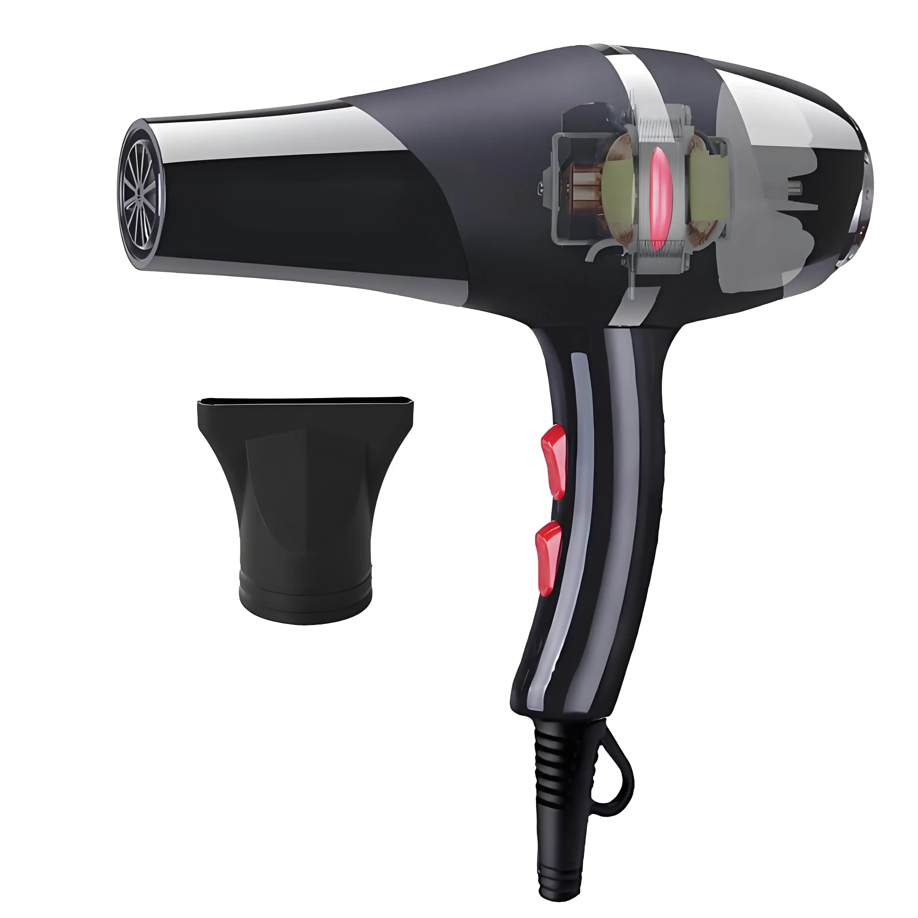 Black 2100W professional salon hair dryer with internal motor view, speed settings, and styling nozzle attachment.