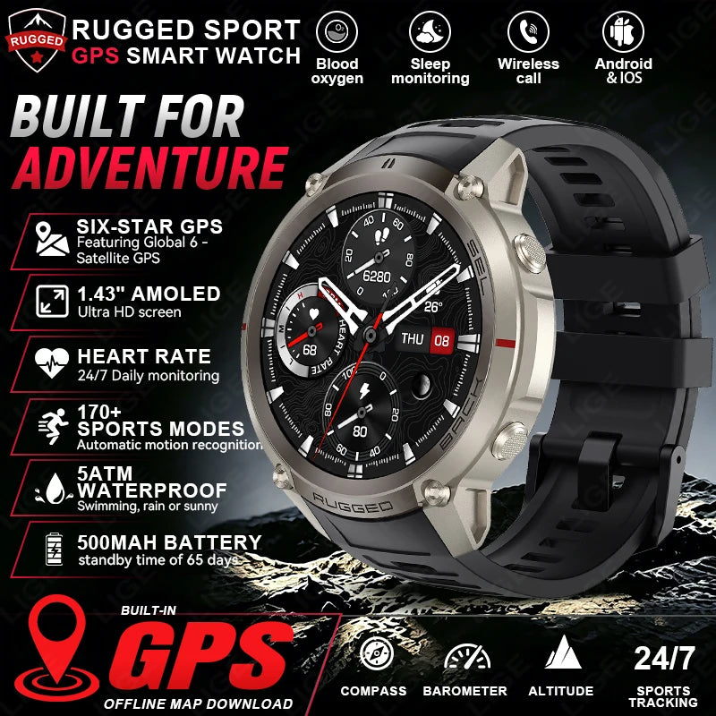 Rugged GPS smart watch with black silicone strap, round display with red hands