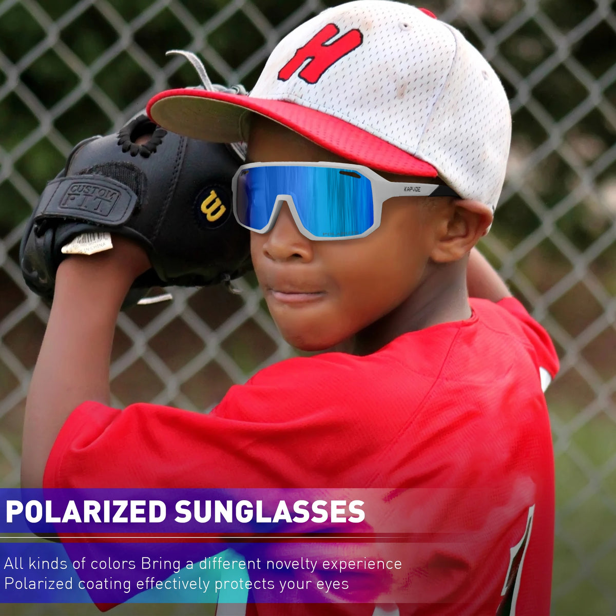 Kids sport sunglasses with blue mirrored lenses and clear frame, worn outdoors