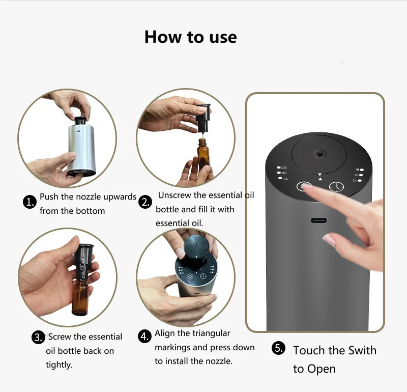 Aluminum Waterless Car Aroma Diffuser 2000mAh Portable Smart Essential Oil Scent Machine Wireless Nebulizer for Auto Home Office