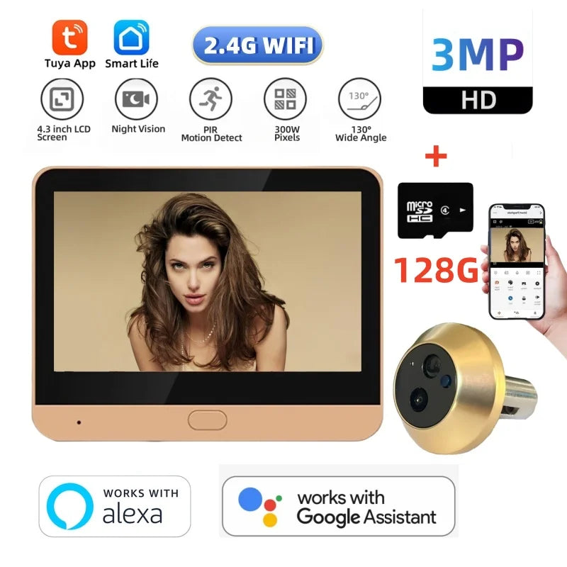 2.4G WiFi 3MP door peephole camera with gold lens, screen, 128G microSD and Google Assistant