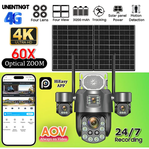 Outdoor solar security camera with four lenses and dual solar panels, black PTZ housing