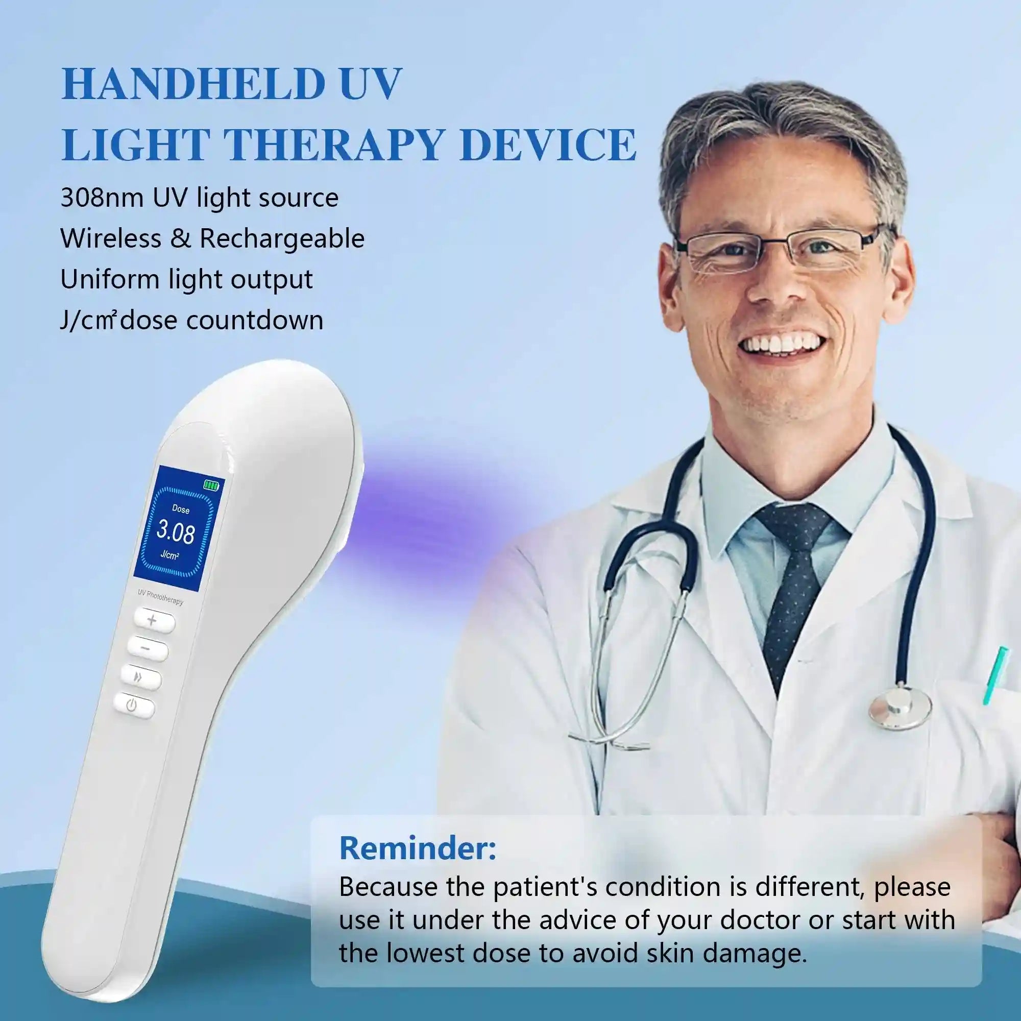 White handheld UV light therapy device with a digital display and control buttons for targeted skin treatment.