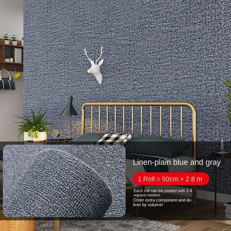 Self-adhesive linen-texture wall panel wallpaper in dark blue-gray, roll with sofa view