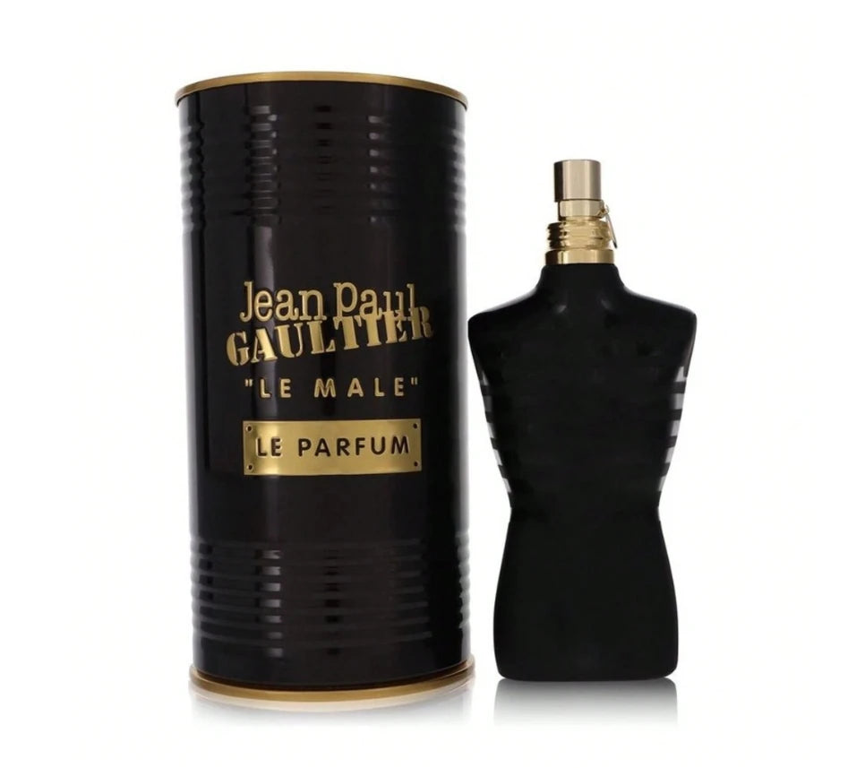 Jean Paul Gaultier Le Male Le Parfum for men in iconic torso bottle with black and gold tin canister.