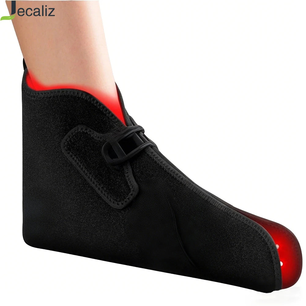 Black red light therapy boot wrap for feet with 660nm and 850nm infrared light for neuropathy pain relief.