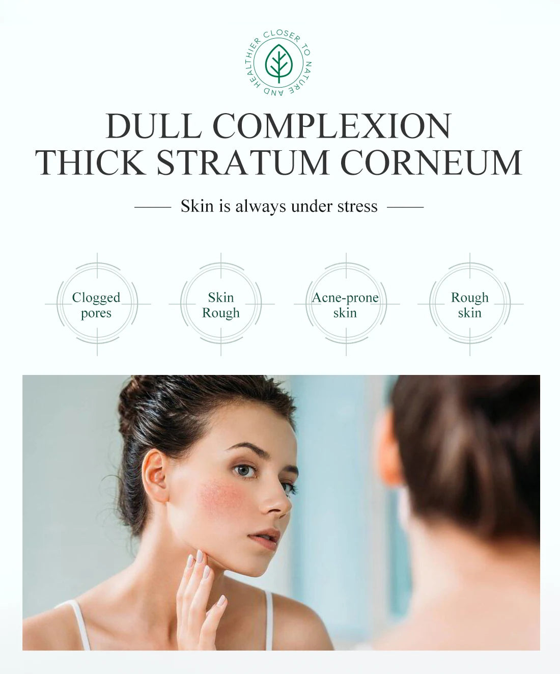 A woman looking in a mirror at her skin, with text labels for clogged pores, acne, and rough skin.