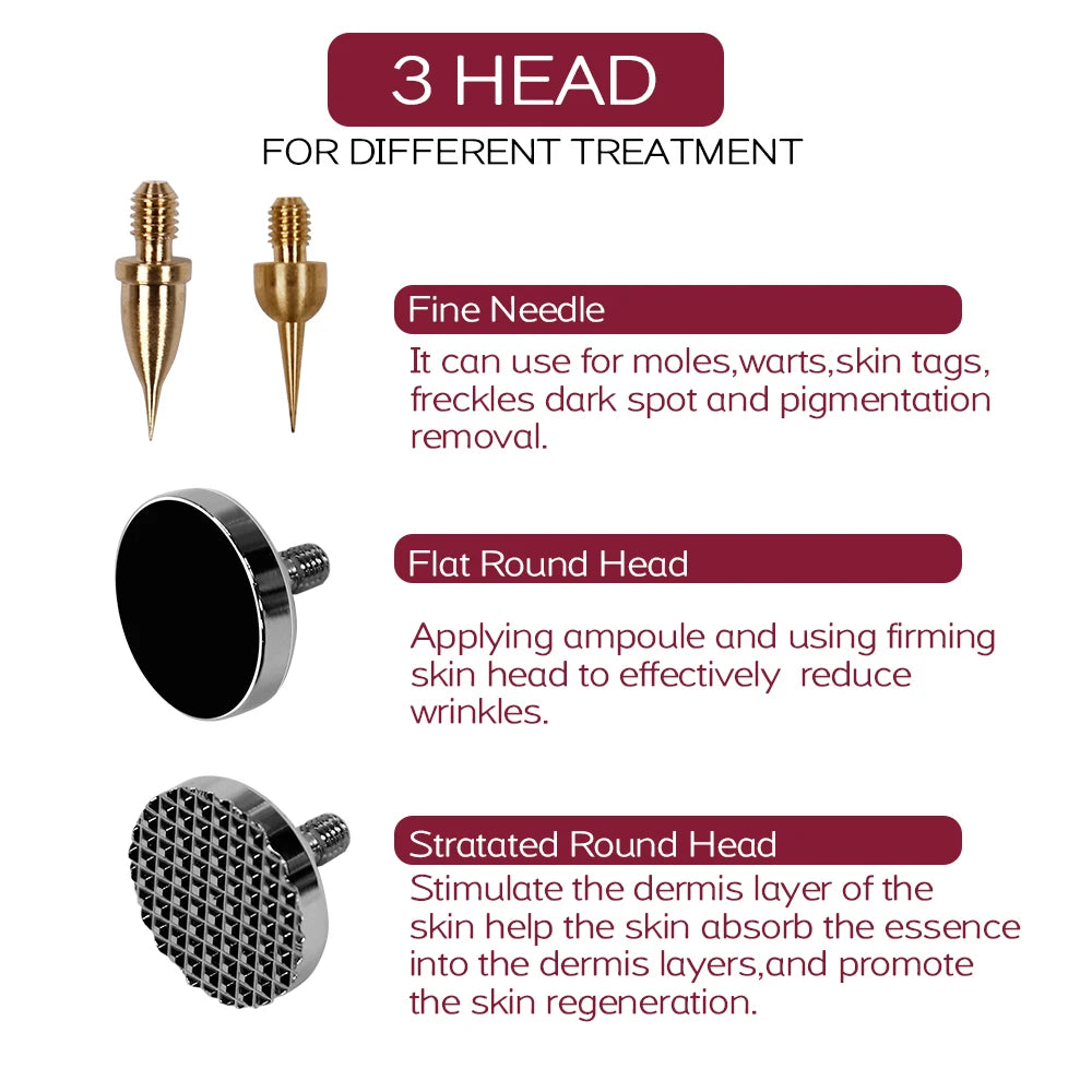 Plasma pen set with fine needles, flat head, and textured head for mole, wart, and skin tag removal and rejuvenation.