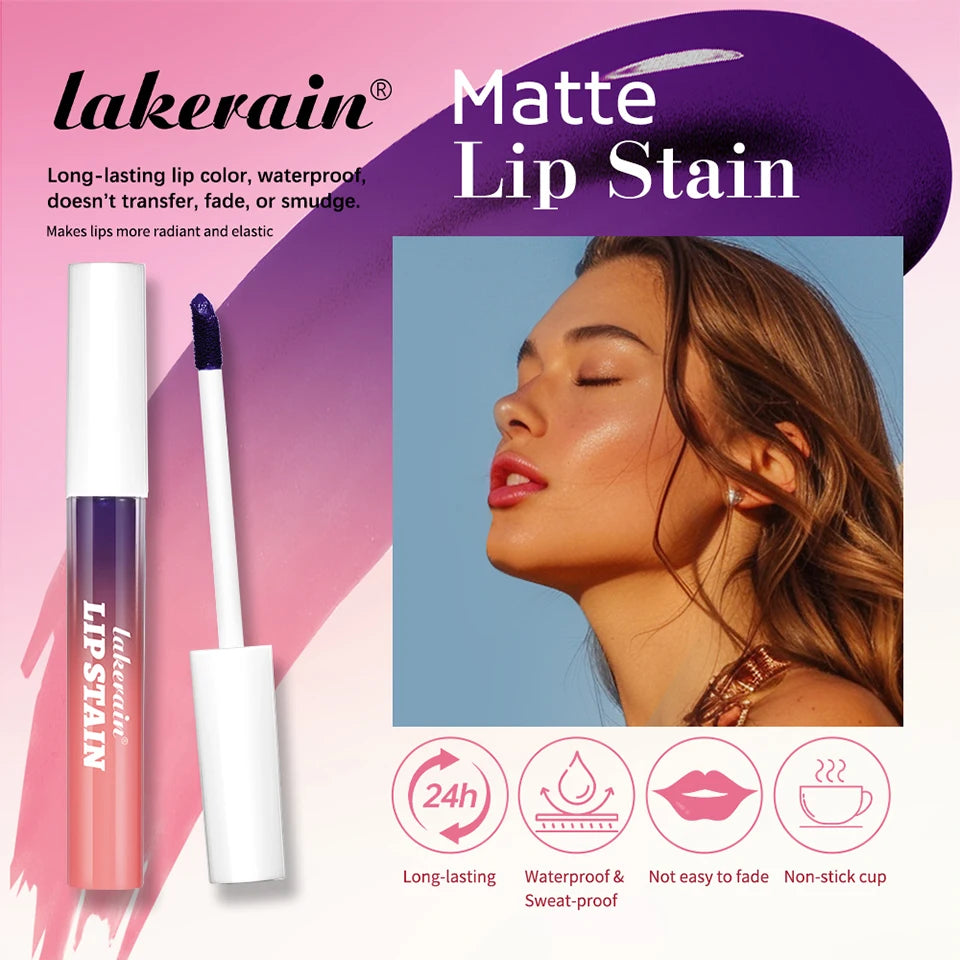 Lakerain waterproof pink matte lip stain applicator and model with long-lasting, transfer-proof, non-stick lip color.