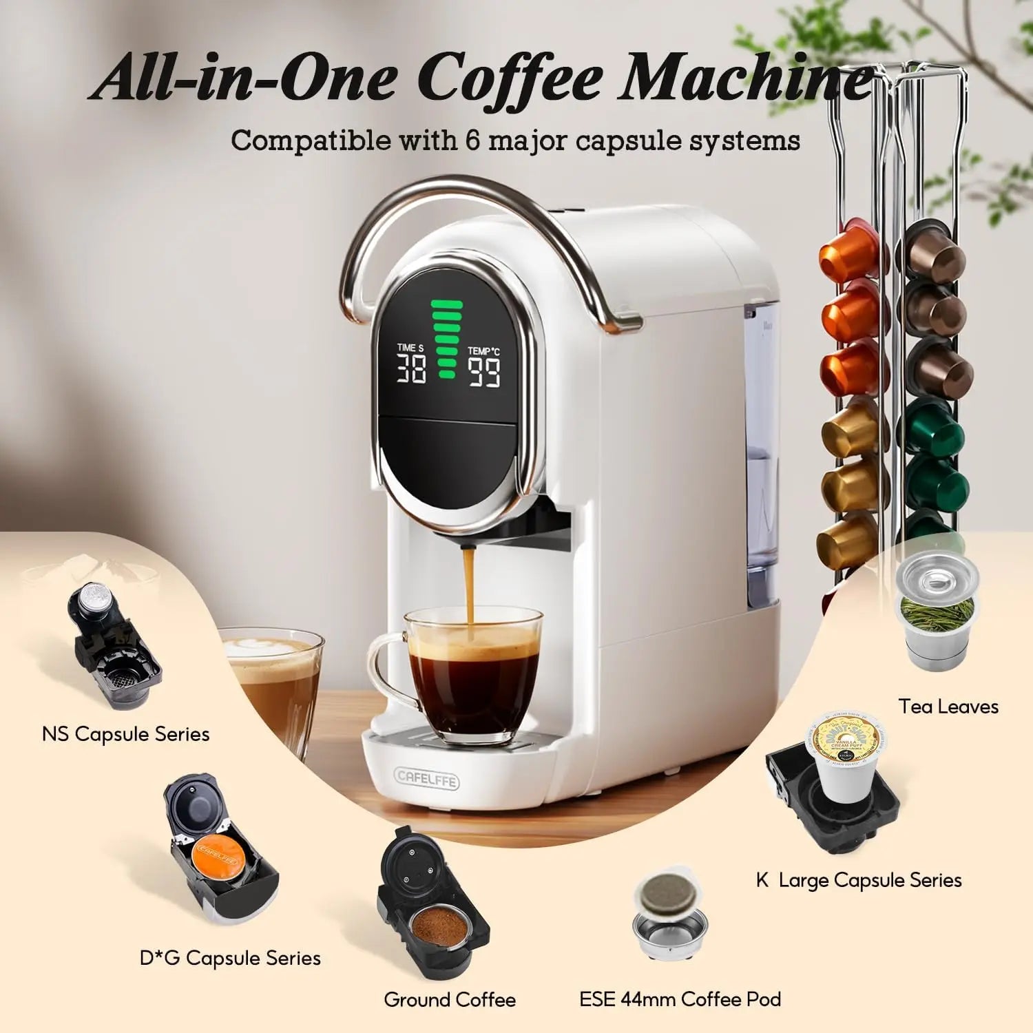 Cafelffe white all-in-one coffee machine with digital display and capsule adapter rack for 6 brewing systems.