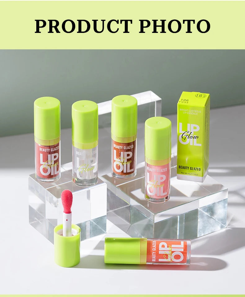 Beauty Glazed moisturizing lip oil set: pearlescent mirror finish candy lip gloss in various shades with doe-foot wand.