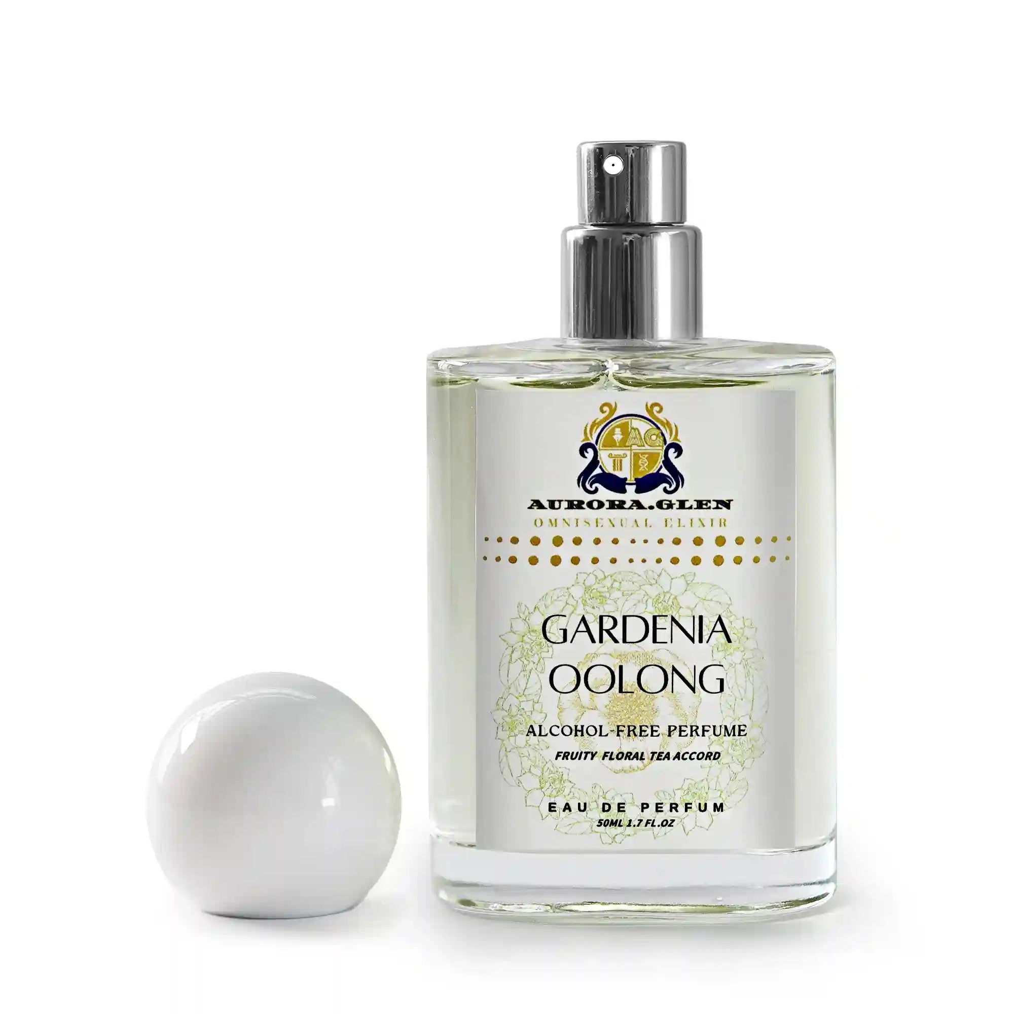 Aurora.Glen Gardenia Oolong EDP, alcohol-free floral tea perfume in a sleek glass bottle with white spherical cap.