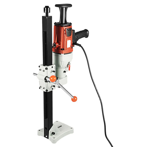 Concrete core drill rig with diamond drill motor, wet/dry stand and side handle