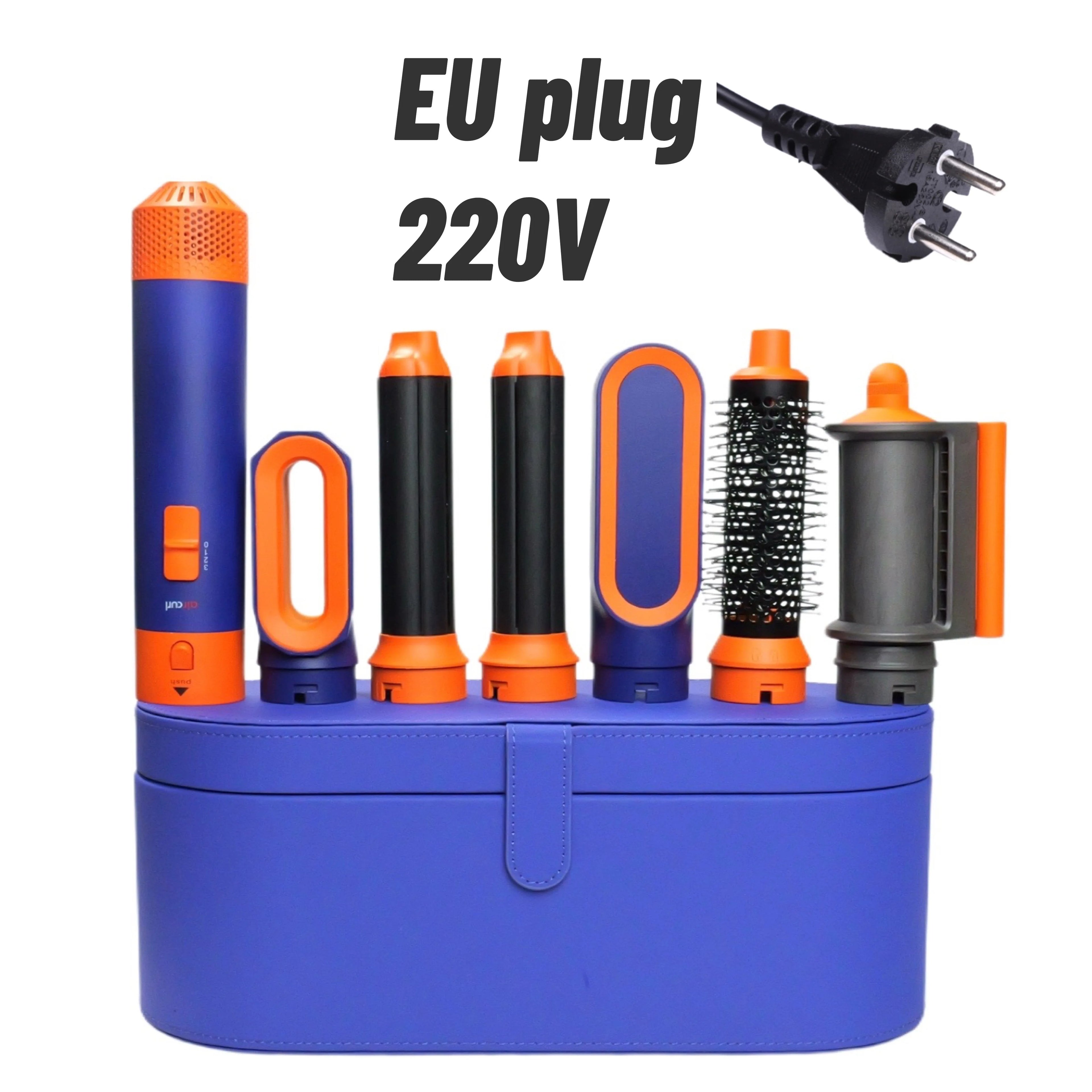 Blue and orange 6-in-1 hair styler set with dryer, curling barrels, and brushes in a matching storage case (EU plug).