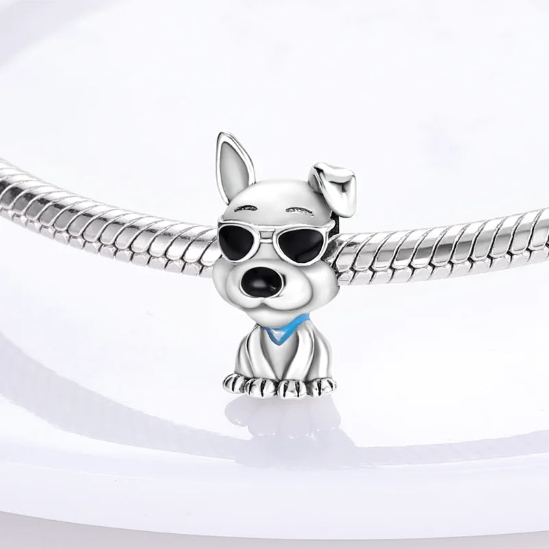 Cute 925 sterling silver dog charm with sunglasses for DIY charm bracelets. Perfect gift for dog lovers and pet owners.