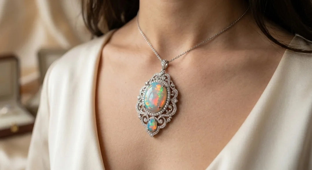 European Cultural Christian Luxury Natural Ethiopian Opal Welo Fire Pendant 925 Sterling Silver Rhodium Plated Engagement Party