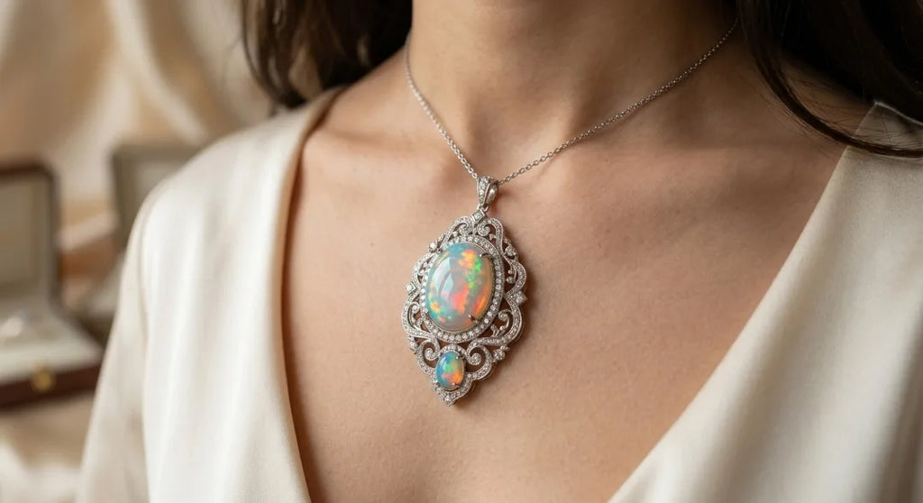 European Cultural Christian Luxury Natural Ethiopian Opal Welo Fire Pendant 925 Sterling Silver Rhodium Plated Engagement Party