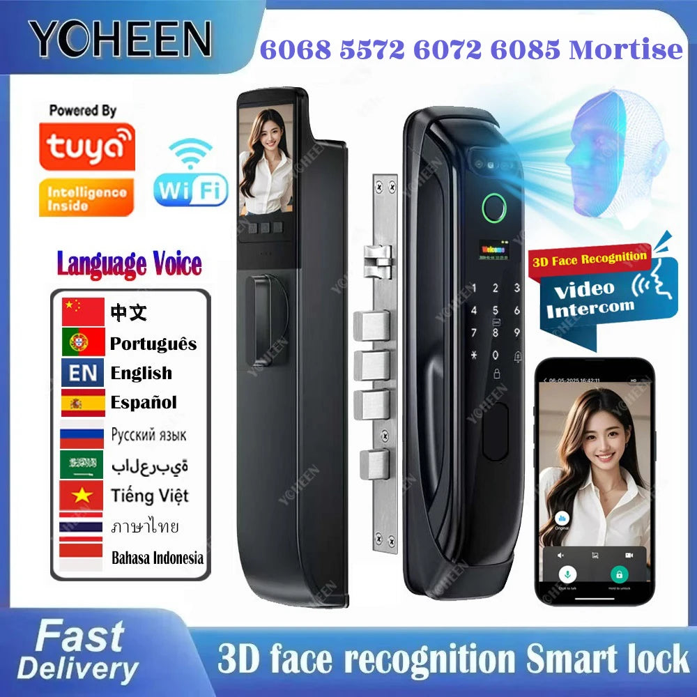 6068,5572,6072,6085 Mortise Lock Tuya Wifi App Camera Smart Digital Lock With Fingerprint Face Key Card Rfid