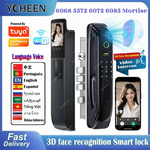 Black smart mortise lock with touchscreen keypad, fingerprint and face ID sensor