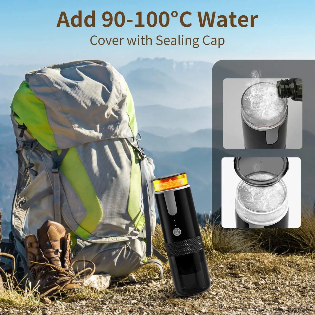 Portable black electric coffee maker for hiking with sealing cap, featuring an LED indicator and outdoor design.