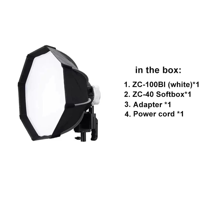 ZC-100BI white LED light with octagonal softbox, including power adapter and cord for studio lighting.