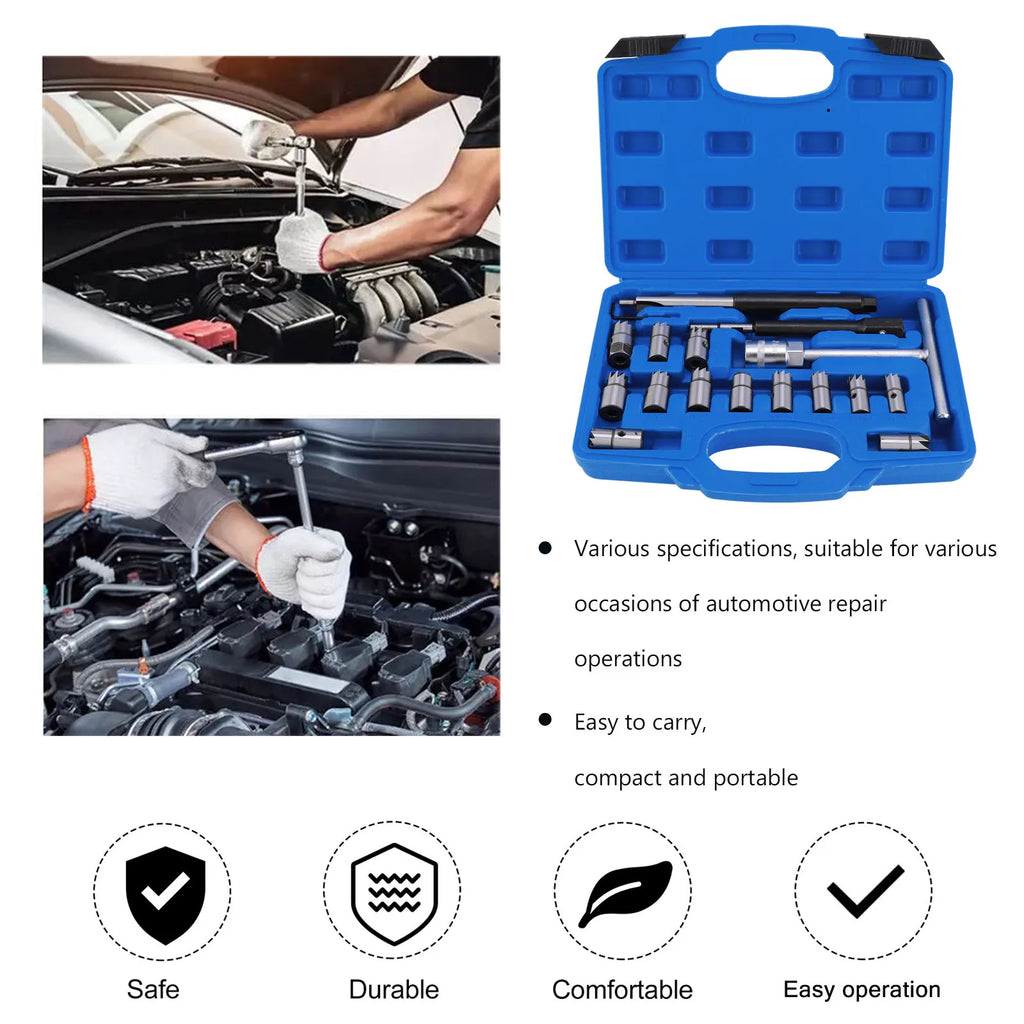 17Pcs Professional Diesel Injector Seat Cutter Cleaner Tool Set Universal Injector Seat Cleaning Kit Carbon Steel Remover Car Flat Reamer Repair Tools
