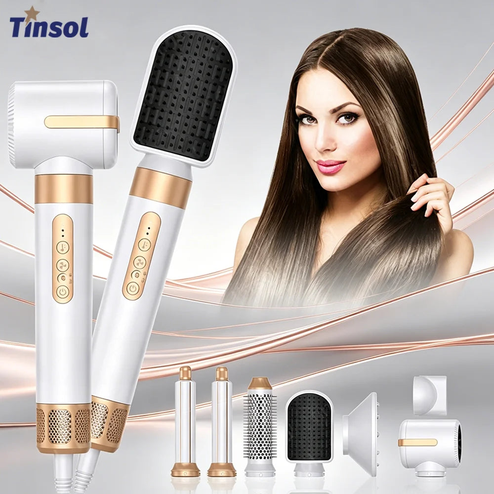 TINSOL 7-in-1 white and gold hair dryer styling set with hot brush, curling iron, and attachments for smooth hair.