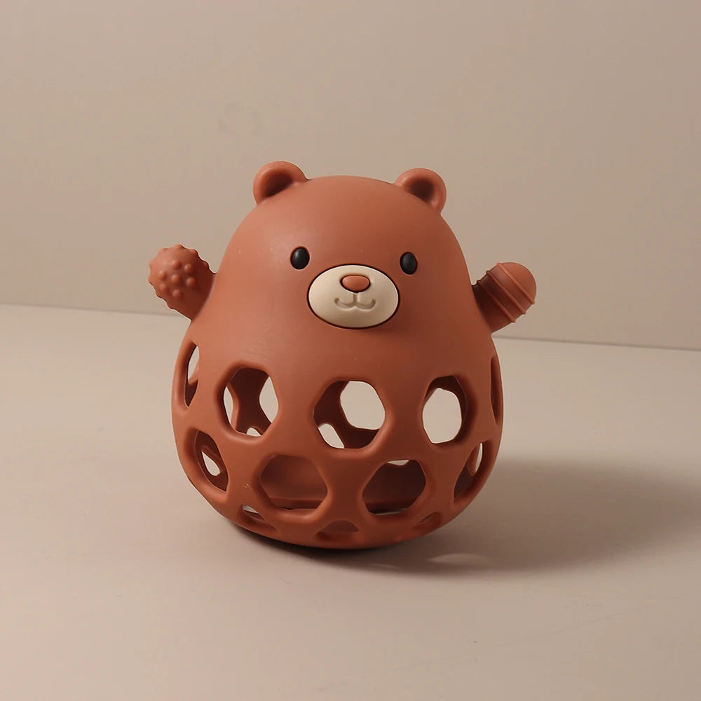 Brown bear silicone baby teething toy for relief.