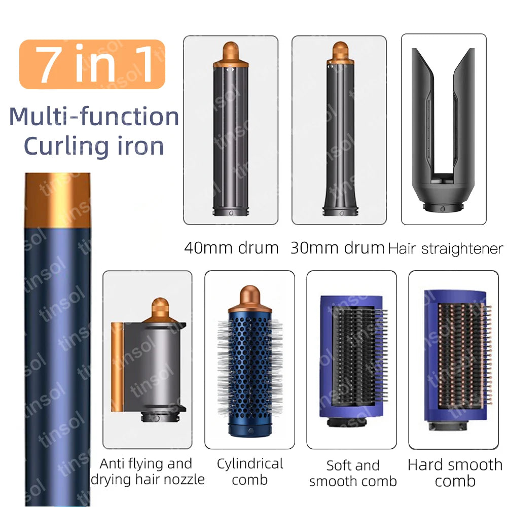 7-in-1 high-speed ionic hair dryer set with grey and gold curling irons, straightener, and multiple styling combs.