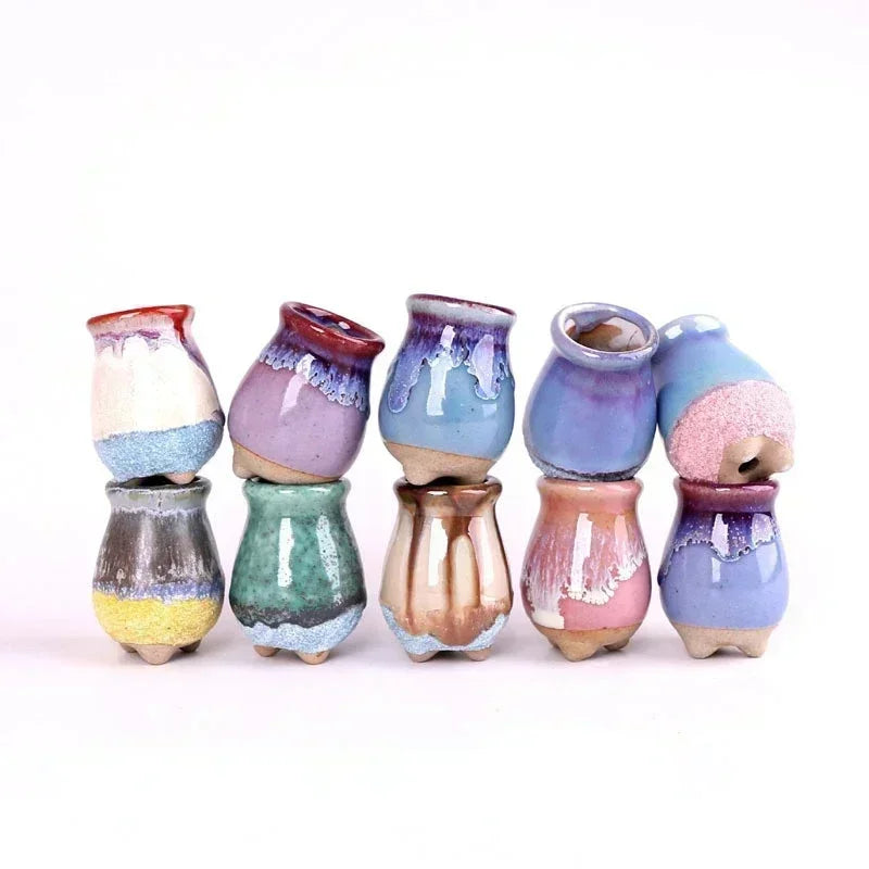 Mini ice-crack ceramic flowerpots, assorted purple pink and blue glazed set of 9