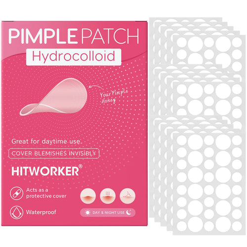 Hydrocolloid acne patch box with clear white patch sheet containing round stickers