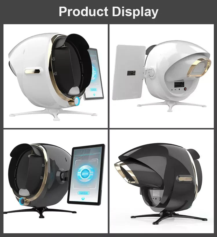 Portable 3D facial skin analysis machine with touch screen, moisture/oil/texture tester in white and black finishes.