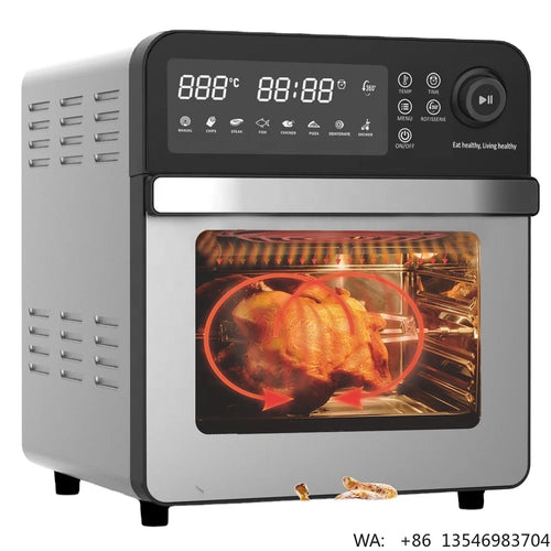 Air fryer oven with glass window and digital control panel, showing rotating hot air.