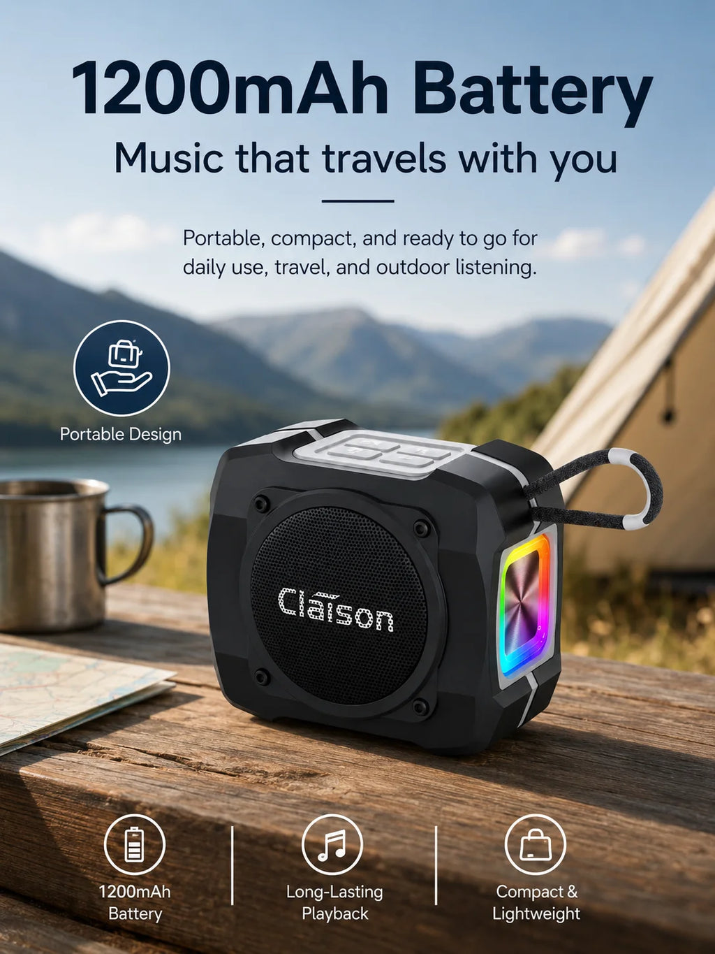 Portable Bluetooth Speaker, Bluetooth 5.3, TWS Pairing, 52mm Driver, 5W Output, 1200mAh Battery, RGB Light, FM Radio, TF Card and USB Playback, IPX6 Water Resistant Design for Outdoor, Camping, Travel and Home Use
