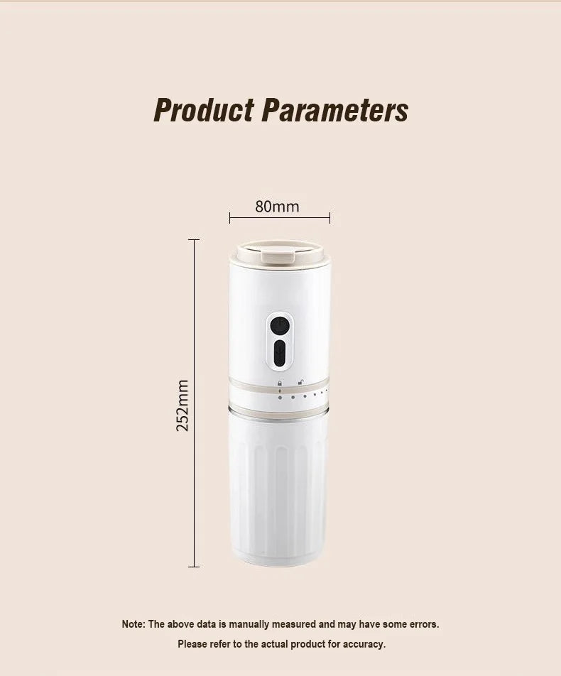 White portable coffee maker with 80mm diameter and 252mm height dimensions shown in a technical product diagram.