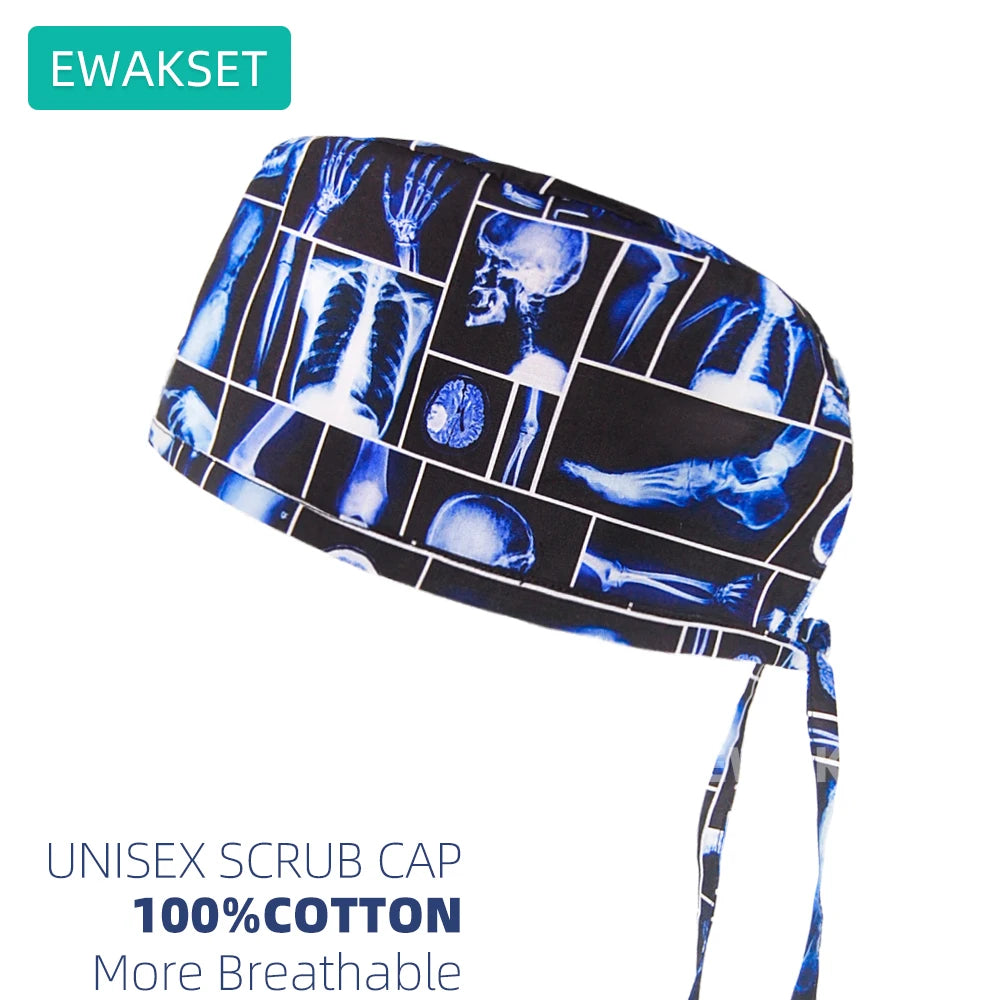 Adjustable unisex cotton scrub cap with blue X-ray print, perfect for vets, nurses, and medical professionals.
