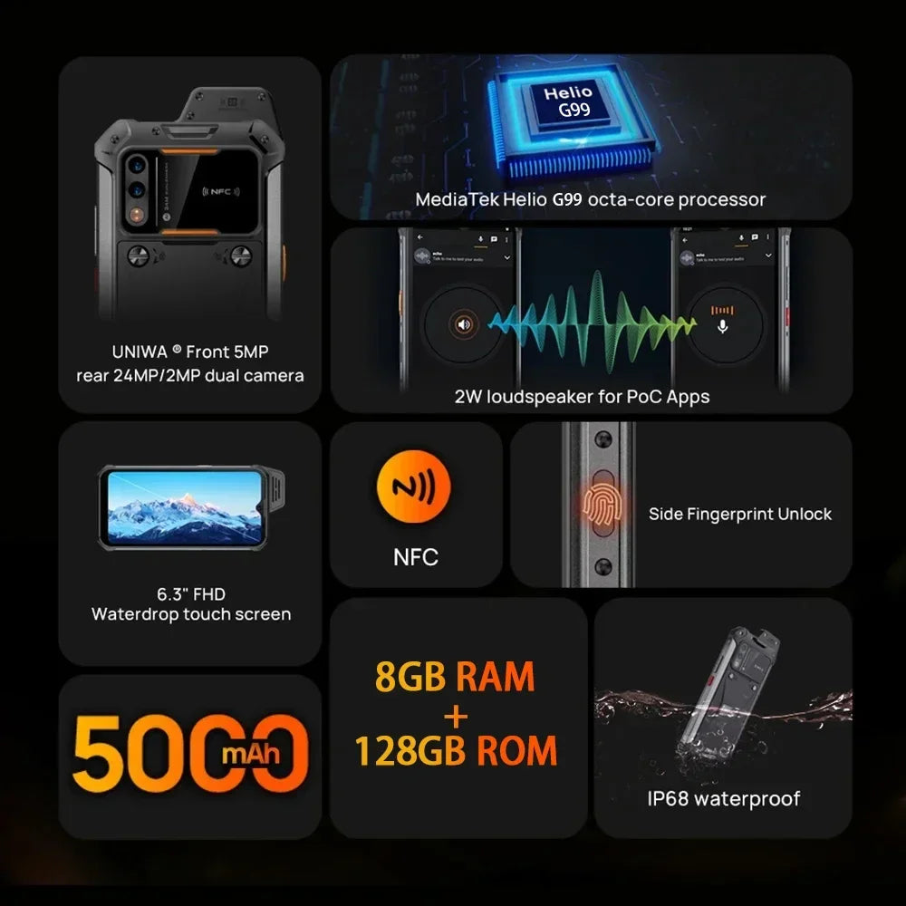 UNIWA W999 ATEX Rugged Waterproof Walkie Talkie 8GB+128GB 6.3 Inch FHD 5000mAh Smartphone Andriod 13 NFC Cell Phones Helio G99