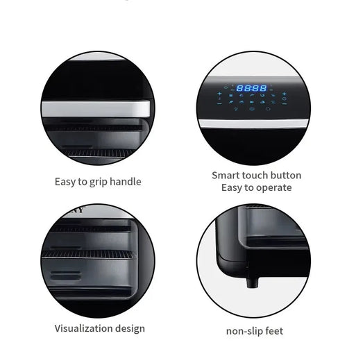 Black air fryer with handle, control panel display, and non-slip feet base