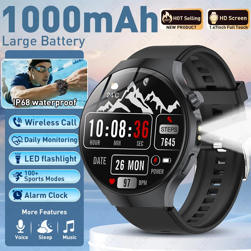 Black sports smart watch with round health monitor display and rubber strap